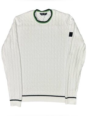 Rhone White Green Tipped Cable Knit Crew Neck Sweater Sweatshirt NWOT M